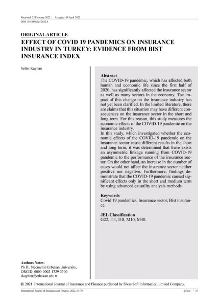 Selim KAYHAN / Effect of Covid-19 Pandemics on Insurance Industry in Turkey: Evidence From BIST Insurance Index